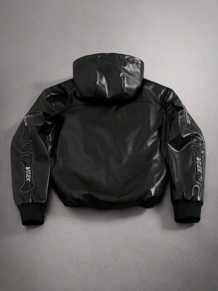 URBAN-UNCLE Gothic Skeleton Embroidered Zip-Up PU Leather Hoodie